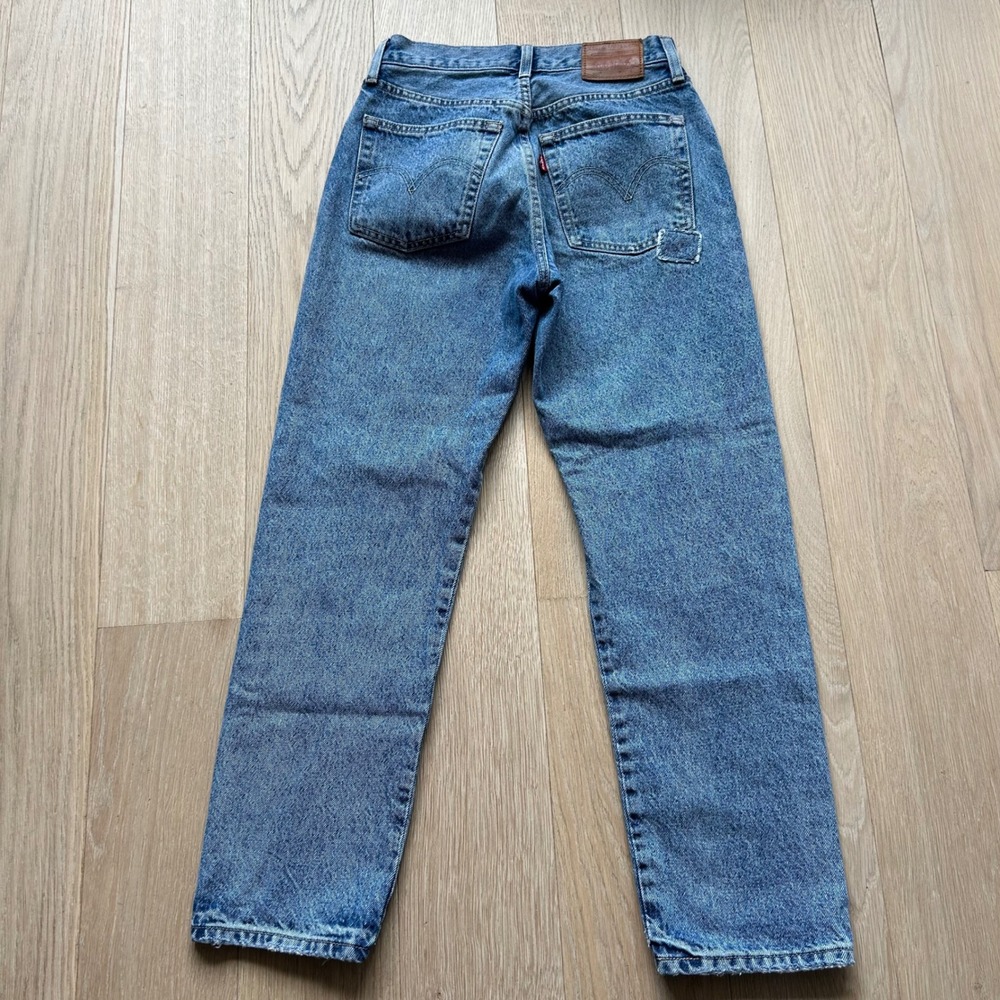 Levi's 501 Straight Leg Patchwork Jeans 26 Blue Distressed Denim Casual Upcycled - Picture 2 of 12